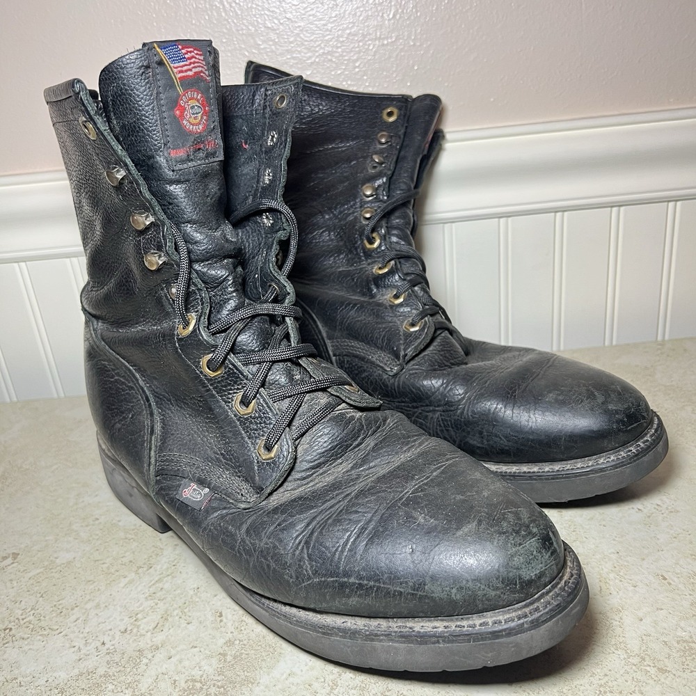 Justin Work Boots Double Comfort Leather Lace Up Black USA Heritage Workwear 12E